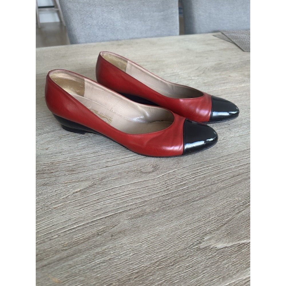 Salvatore Ferragamo Red/Black Cap Toe Patent Leather Wedge Shoes Women's Sz 9.5